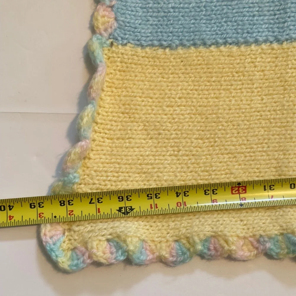 Handmade Knit Baby Blanket Pastel Stripe Scallop Crochet Edge Multi Color 30X38